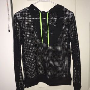 Black fishnet hoodie with green string